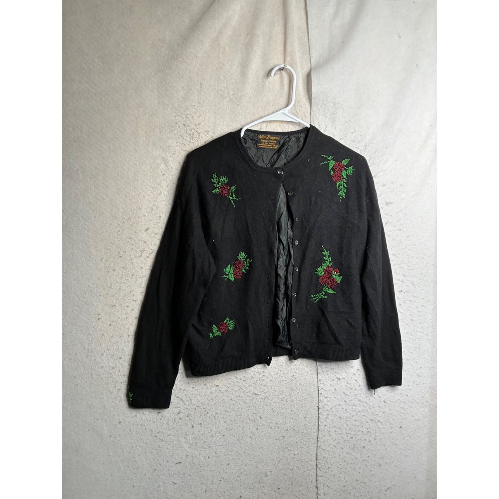 Nine Dragons Vintage Black Beaded Rose Cardigan Sweater Hong Kong Lined Floral
